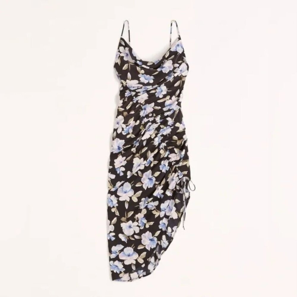 Abercrombie & Fitch Asymmetrical Cinched Midi Dress in Black Print | NWT | L